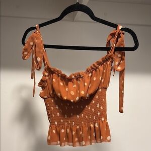 Aritzia Wilfred Pokda Dot Ruffle Smocked Top - Orange/Brown